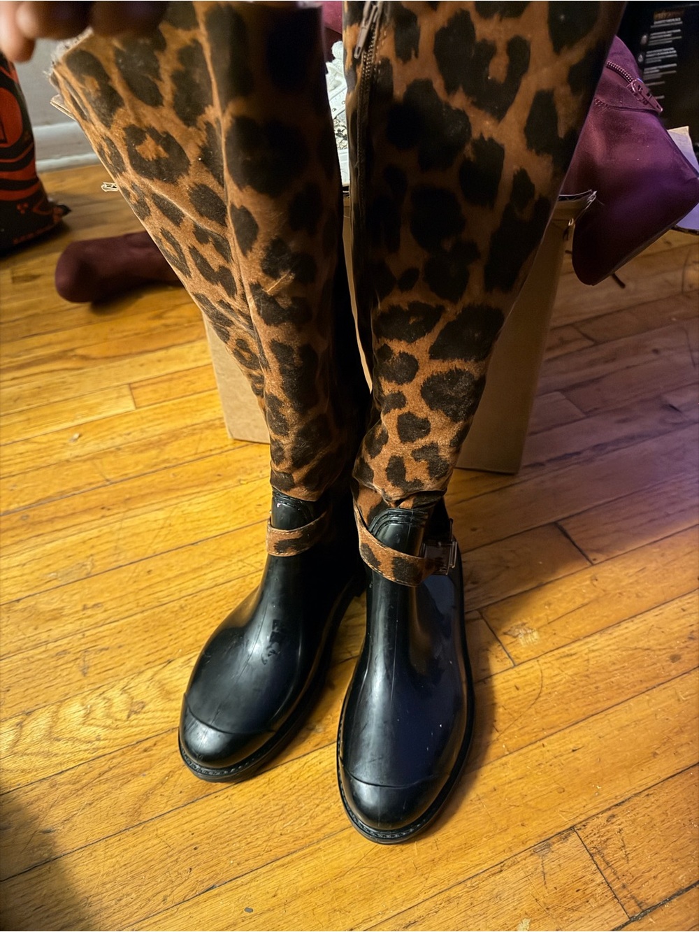 BAMBOO Leopard-Print Shaft Boots with Black Foot